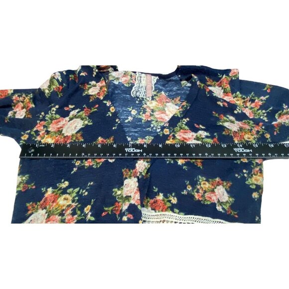 MAUVE Women Floral Open Front Sweater Sz S Blue Long Sleeve Cardigan 10A-8 - Picture 5 of 10